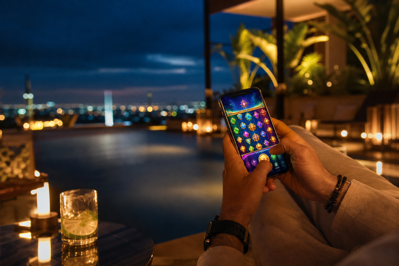 Ambiente noturno premium com experiência social em smartphone