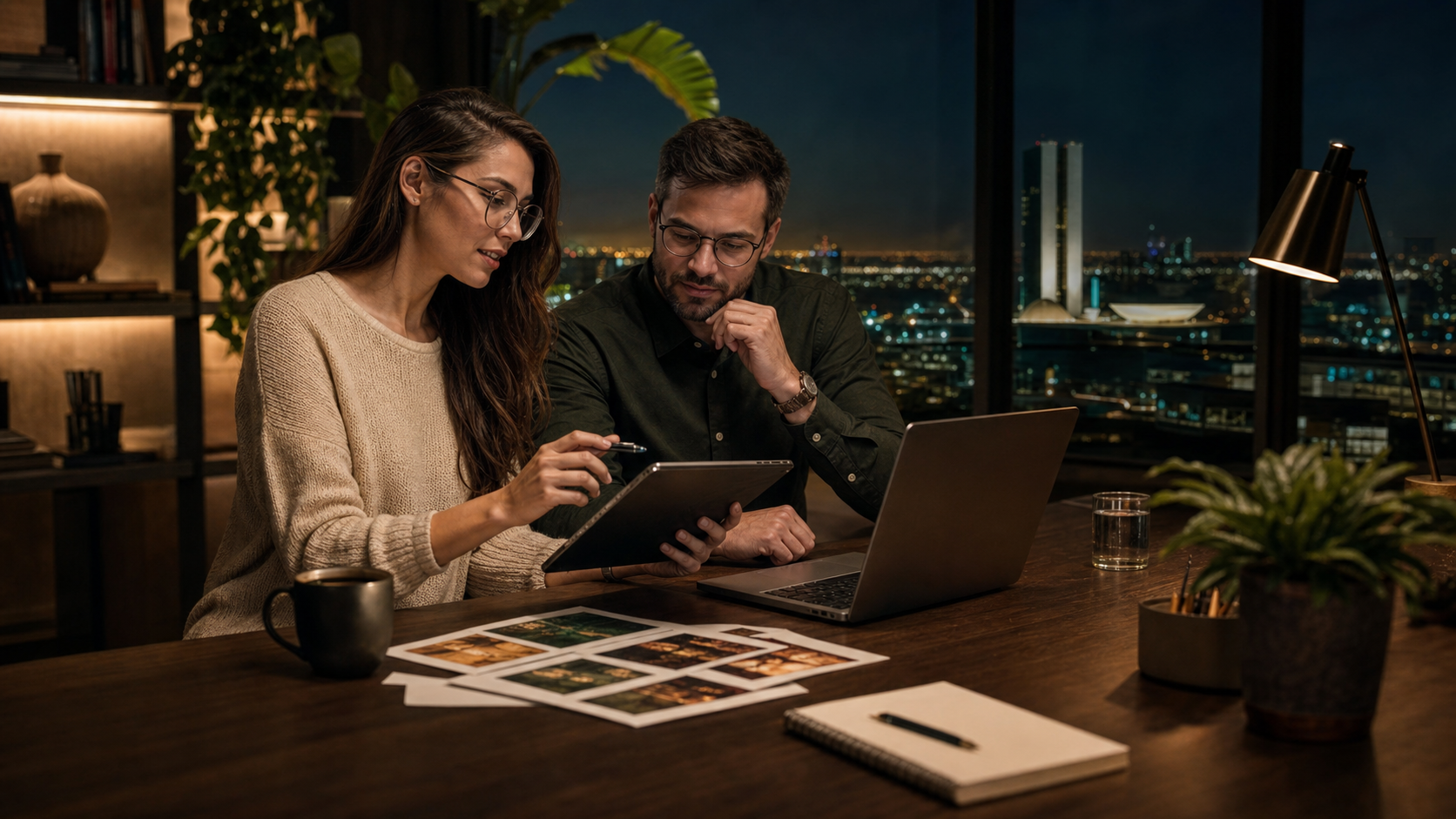 Equipe analisando materiais promocionais e indicadores em ambiente noturno
